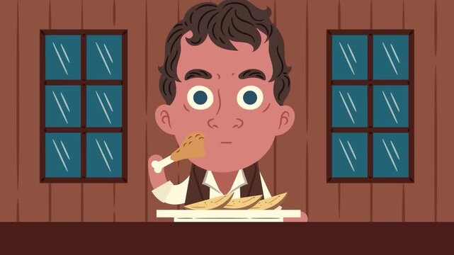 Cartoon man eating roasted chicken leg in dim cabin interior setting featuring smooth animated motion for creative digital video projects