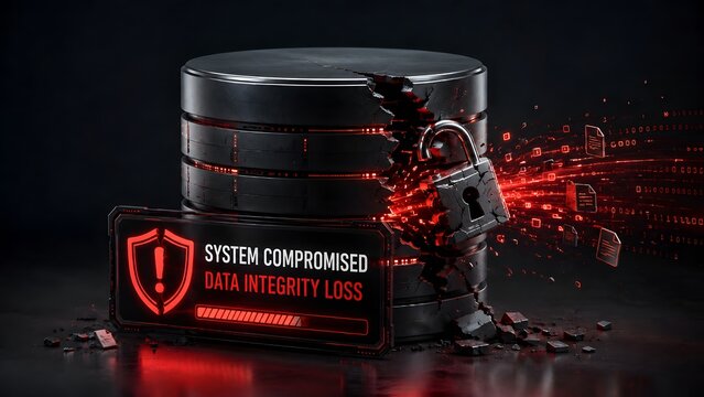 Shattered database server with broken padlock and red glowing warning sign showing system compromised and data integrity loss from cyber attack