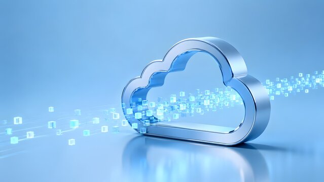 Metallic cloud icon with glowing digital data cubes flowing through representing cloud computing fast data transfer and digital transformation