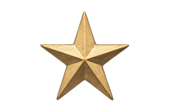 A single five pointed star ornament with a metallic gold texture and beveled edges isolated on a transparent background