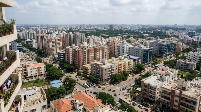 Panoramic cityscape of Bengaluru, India, showcasing a dense urban sprawl of residential buildings and modern offices under a clear sky.