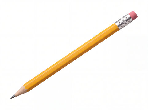 Yellow pencil with a pink eraser and sharpened graphite tip rests diagonally on a clean transparent surface.