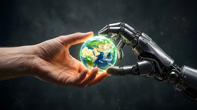 Human hand and robotic hand holding glowing Earth globe representing global technology.