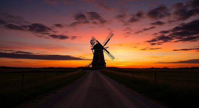 countryside road sunset with old windmill silhouette