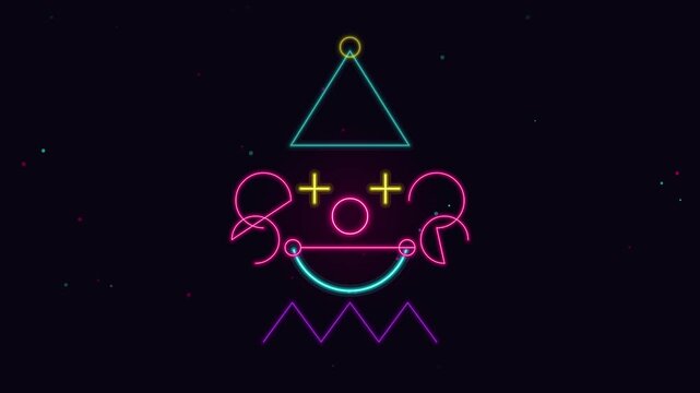 Neon glowing circus clown face animation with colorful lights on dark background