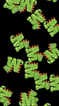 Cartoon Dinosaur Letter M Characters Falling on Black Background