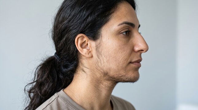 Side profile portrait of woman with hirsutism showing excess facial hair on jawline