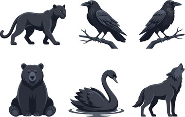 Obraz premium A collection of six distinct black animals including a panther raven bear swan and wolf.