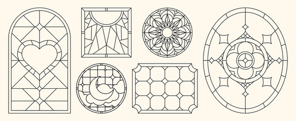 Obraz na płótnie Canvas Stained glass window patterns set for gothic style cathedral design. Vector illustration of arched and round church frame with geometric pattern and rose motif, medieval religious architecture element