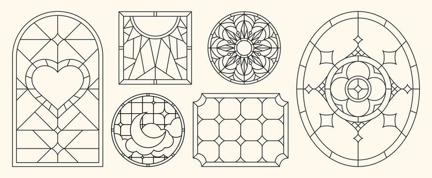 Stained glass window patterns set for gothic style cathedral design. Vector illustration of arched and round church frame with geometric pattern and rose motif, medieval religious architecture element