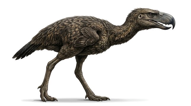 Prehistoric terror bird walking isolated on white background, extinct flightless predator
