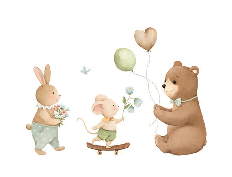 Bunny with bouquet and mouse with flower on skateboard congratulate the bear, cute watercolor isolated illustration for kids print, childish mural, holiday cards or poster. Handmade cartoon characters