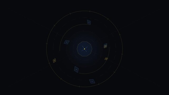 Futuristic radar interface animation with rotating circles and glowing data points