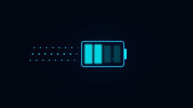 Futuristic digital battery charging icon on dark blue HUD background