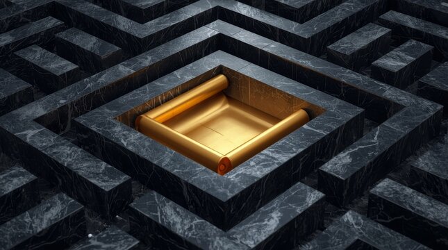 Golden glowing pathway inside dark marble geometric maze structure with intricate maze formed dark
