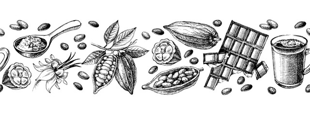 Obraz premium Hand drawn sketch cocoa chocolate product background. Vintage vector illustration of natural healthy food. Packaging design of cacao powder