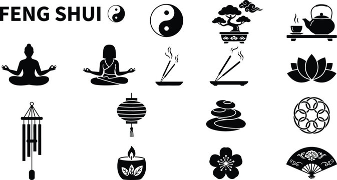 Feng shui and oriental wellness glyph icon set featuring meditation ying yang lotus bonsai and zen elements