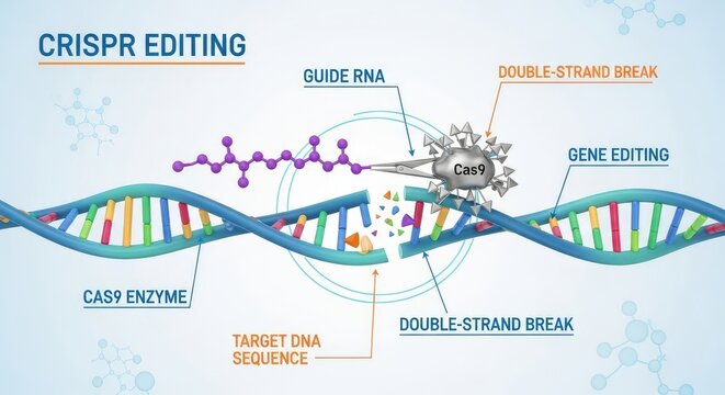 An informative diagram explaining CRISPR gene editing using the Cas enzyme, guide RNA, and double strand DNA breaks for genetic modification applications.