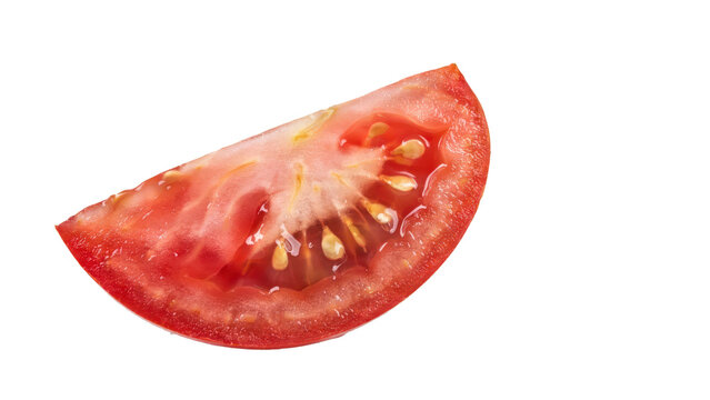 A single fresh red tomato slice showing internal seeds and juicy pulp texture isolated on a transparent background