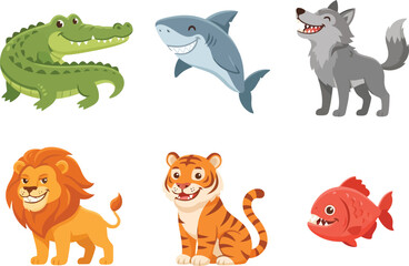Fototapeta premium A collection of six cute cartoon wild animals including a crocodile shark wolf lion tiger and fish.