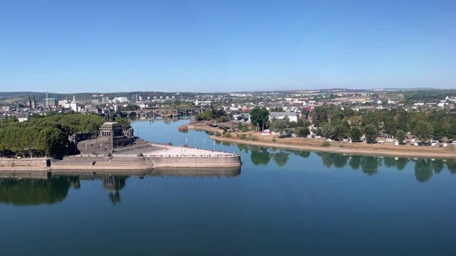 selective focus scenic aerial view of Deutsches Eck and river confluence in Koblenz