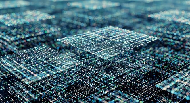A digital grid composed of blue light emitting squares and rectangles on a transparent screen with a dark background.