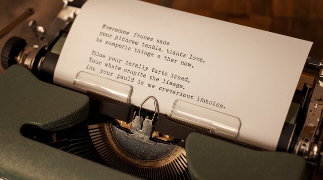 Vintage typewriter with partially typed poetic manuscript resting on keys with style poetic lines