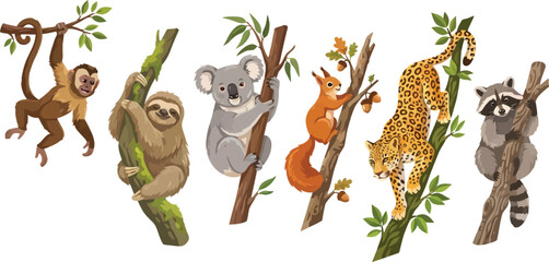 Fototapeta premium A collection of watercolor illustrations featuring various wild animals climbing on tree branches.