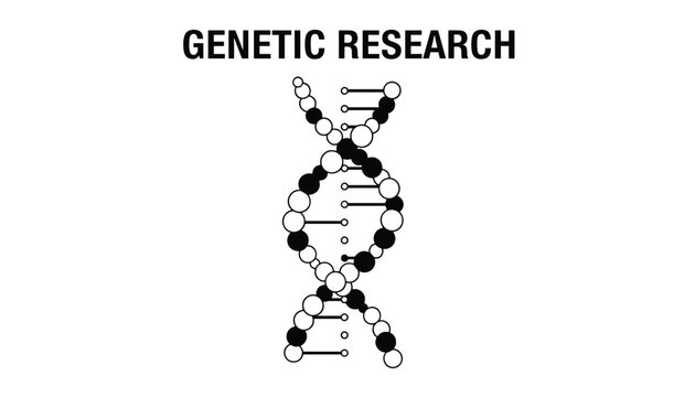 DNA double helix structure illustrated with black and white circles under the heading of genetic research.