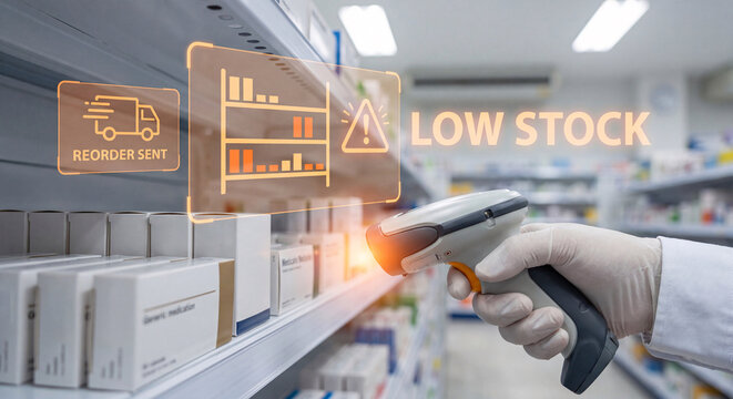 hand holds glowing pharmacy inventory interface above scanner to confirm low stock alert status, verify supplier reorder confirmation, track shelf quantity levels, and manage retail pharmacy inventory