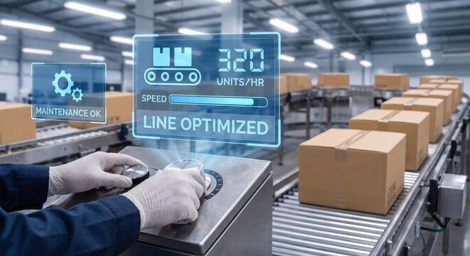 hands adjust conveyor control beneath glowing throughput optimization interface to confirm line efficiency status, verify maintenance readiness, track production speed rate