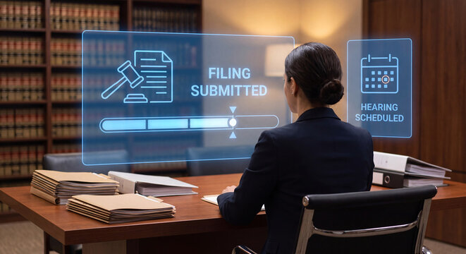 paralegal reviews glowing case filing interface above desk to confirm submission status, verify hearing date scheduling, track legal timeline progress, and manage professional legal services