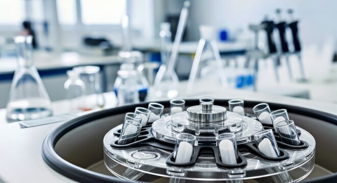 A laboratory metal tray holds a multiwell heating block surrounded by glassware, with additional beakers and flasks arranged on a clean countertop.