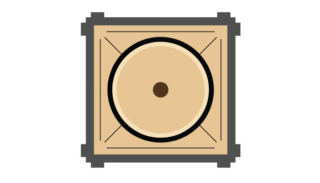 Top down flat vector illustration of a traditional wooden carrom board game with a circular center on a white background.
