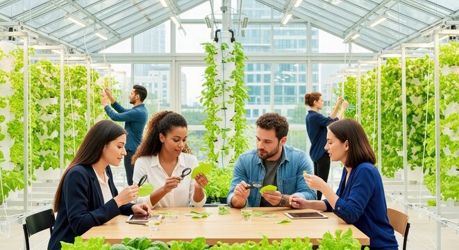 A team collaboratively enjoys fresh salad in a bright, futuristic indoor greenhouse filled with vertical greenery, ideal for corporate wellness or sustainable workspace concepts.