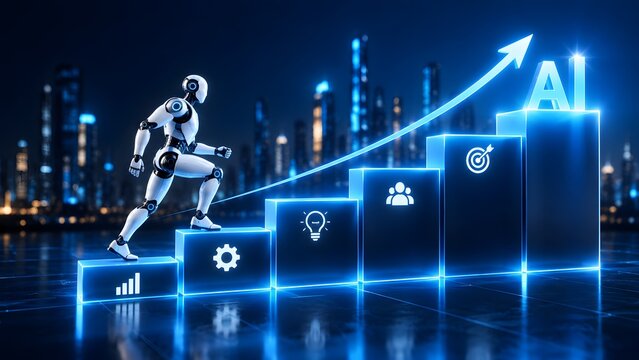 Futuristic robot climbing glowing blue upward financial stairs representing artificial intelligence business growth and technological corporate success