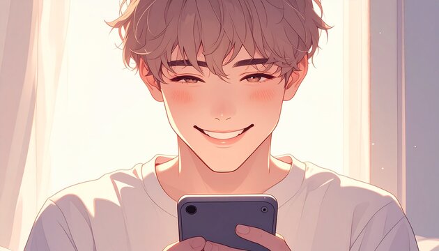 Young man laughing at smartphone screen, quiet giggle moment with hahah emoji expression