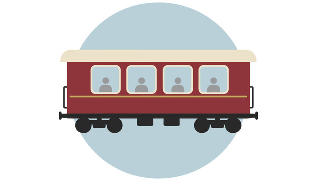 Traditional red passenger train carriage with passengers in windows, set against a circular blue background.