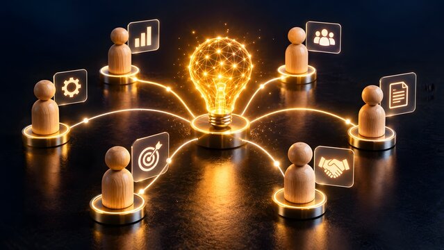 Glowing digital lightbulb connected to wooden figures with business icons representing leadership teamwork brainstorming innovation and collaborative networking