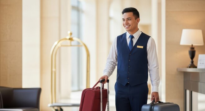A smiling hotel porter in uniform assisting with luggage in a luxurious lobby