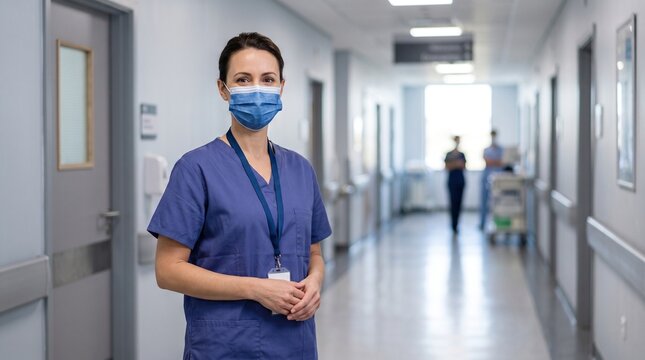 A professional female nurse wearing a blue scrub uniform and a protective face mask stands in a bright hospital hallway, looking directly at the camera