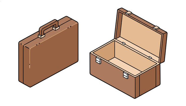 Isometric vector illustration of two brown leather briefcases, one closed and one open with a clean interior.