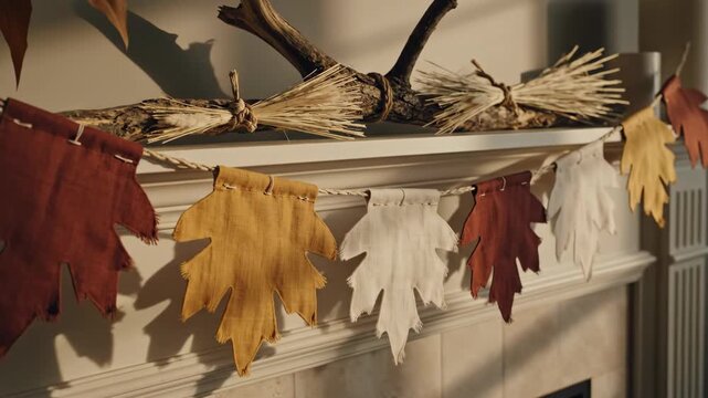 Handmade fabric leaf garland in rust, ochre and ivory hangs beneath gathered branches and straw bundles on a mantel, creating a warm reusable harvest accent with rustic low-waste character indoors