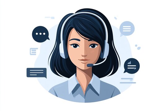 Illustration of a female customer support agent wearing a headset, surrounded by chat bubbles symbolizing communication, live chat, and assistance.