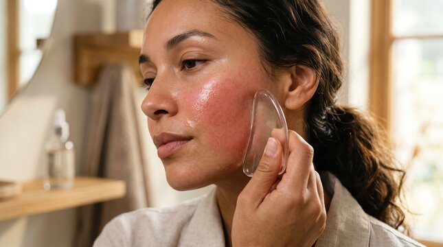 Woman massaging flushed rosacea cheek with clear Gua Sha quartz scraper