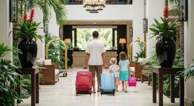 Hotel porter assisting a family with luggage in the lobby during their vacation