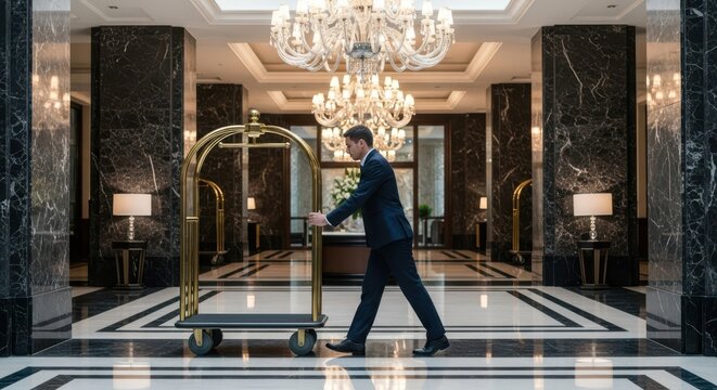 Hotel porter in smart uniform transporting a luggage trolley through a luxurious lobby with marble floors and grand chandelier