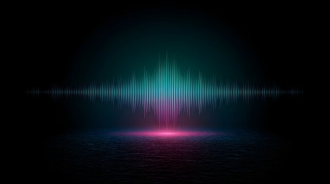 Abstract sound wave visualization with glowing neon light effects on a dark reflective surface. Use this for music technology and futuristic digital data concepts.