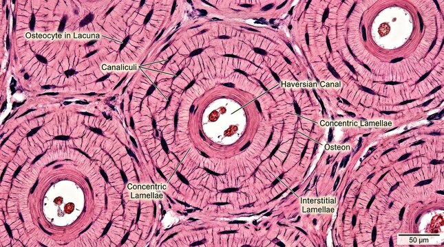 A highly magnified image of bone tissue with labeled concentric lamellae, osteocytes, canaliculi, Haversian canal, and interstitial lamellae