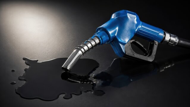 blue fuel nozzle lies on a dark surface with spilled fuel spreading beneath it, reflecting light and highlighting the liquid's texture.